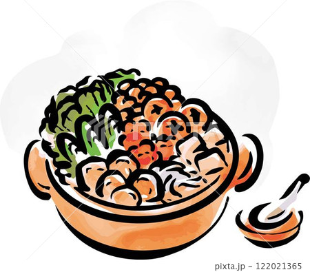 鍋　料理　日本食　墨絵　水墨画　水彩　手描き　イラスト素材 122021365