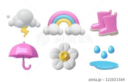 Pink 3D boots and umbrella cute baby girl rainy weather three dimensional vector emoji set Pink 3D boots and umbrella cute baby girl rainy weather three dimensional vector emoji set 122021384