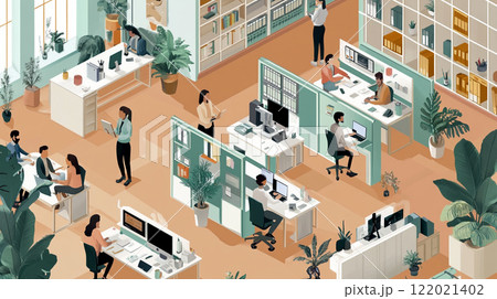 オフィスのカウンターとパソコンと作業をしている人たち、アイソメトリック オフィスのカウンターとパソコンと作業をしている人たち、アイソメトリック 122021402