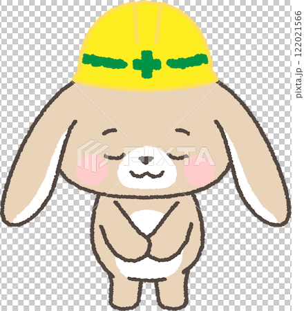 A helmeted droopy-eared rabbit bows in gratitude 122021566