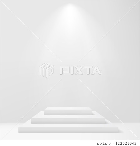 Modern Minimalist White Pedestal Display with Tropical Palm Leaf. Vector 122021643