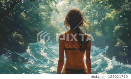 Woman standing in a river surrounded by jungle and sunlight 122021730