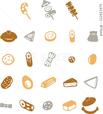 おでん　アイコン　あしらい　ピクトグラム　シルエット　飾り　手描き　鍋　和食　イラスト素材セット 122021975