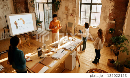 オフィスでプレゼンテーションをする日本人ビジネスマンとチームのミーティング風景 オフィスでプレゼンテーションをする日本人ビジネスマンとチームのミーティング風景 122022128