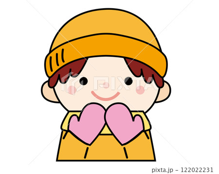 手袋、ニット帽、マフラーで温かくしている男の子のイラスト、線画 122022231
