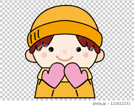 手袋、ニット帽、マフラーで温かくしている男の子のイラスト、線画 122022231