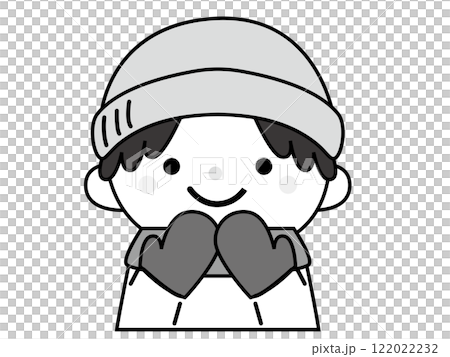 手袋、ニット帽、マフラーで温かくしている男の子のイラスト、モノクロ 122022232