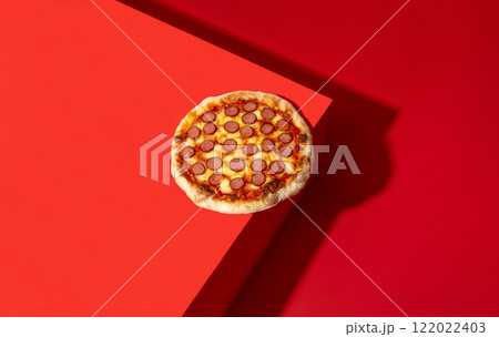 Pizza with pepperoni minimalist on a vibrant red background Pizza with pepperoni minimalist on a vibrant red background 122022403
