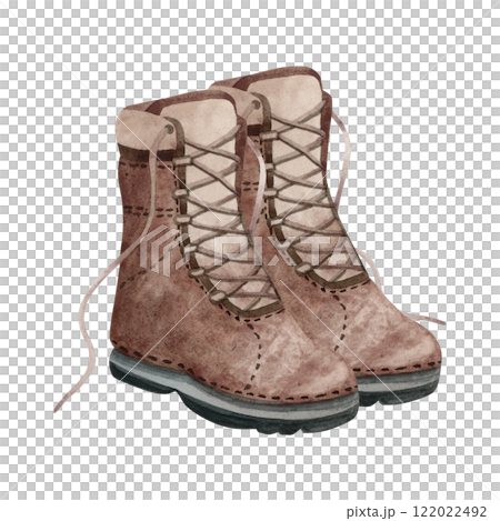 Brown tactical army boots hand drawn watercolor illustration isolated on white for military, combat or camping and hiking designs. Brutal footwear and American infantry shoes 122022492
