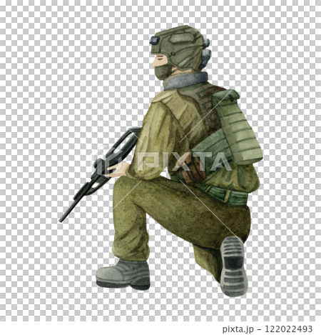 American soldier sitting with rifle watercolor illustration isolated on white. Israeli military man in green uniform and helmet for Veteran and Remembrance Day design. 7th of October army clipart 122022493