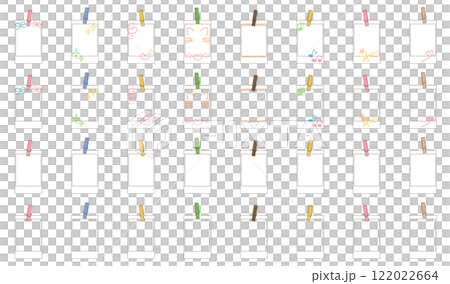 クリップや画鋲で留めたメモ用紙のベクター素材イラストセット 122022664