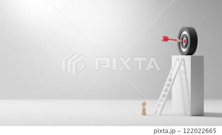 Objective and target concept design of wooden people with ladder and target dart on grey box with copy space 3D render Objective and target concept design of wooden people with ladder and target dart on grey box with copy space 3D render 122022665