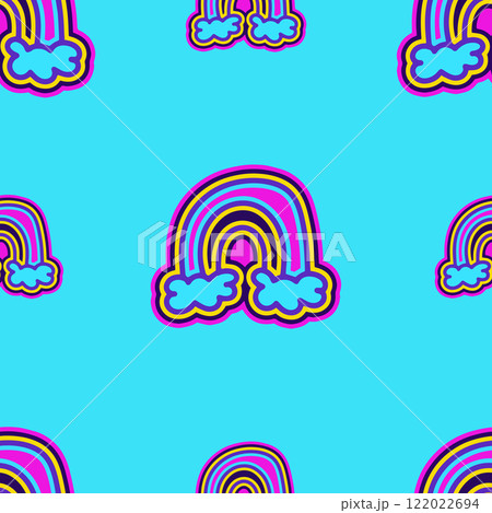 Colorful groovy hippie pattern with geometric rainbow shapes on blue background 122022694