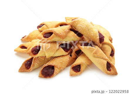 Tasty bagels with strawberry jam isolated on white background. Homemade cookies 122022958
