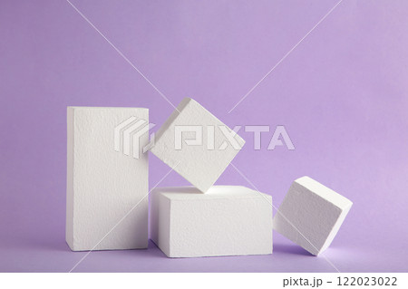 Abstract minimal scene with geometrical forms on purple background. Abstract background. Space for text Abstract minimal scene with geometrical forms on purple background. Abstract background. Space for text 122023022