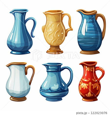 A Beautiful Display of Six Unique Ceramic Jugs on a Clean White Background for Artistic Appeal 122023076