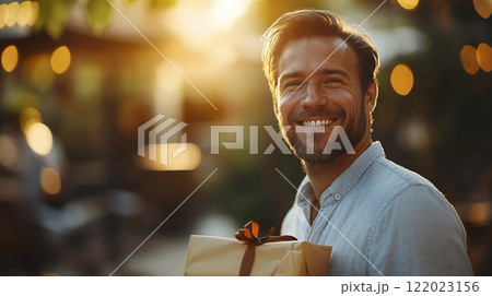 Man smiling while holding a paper bag in a casual indoor setting 122023156