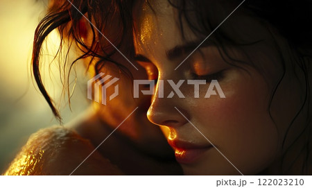 Woman with wet hair in natural light portrait capturing freshness and beauty 122023210