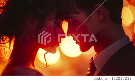 Couple kissing in front of a beautiful sunset on a romantic evening outdoors 122023212