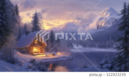 Wooden cabin surrounded by snow-covered trees in a winter landscape 122023230