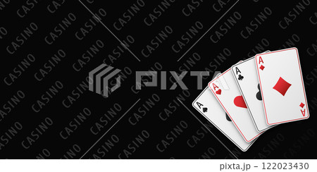 A fan of playing cards consisting of four Ace of Spades, Diamonds, Clubs, Hearts. Vector illustration poker and casino of all the aces on a table black background. 122023430