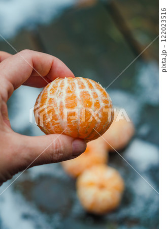 female hand holding a peeled mandarin orange on a wooden surface. High quality photo 122023516