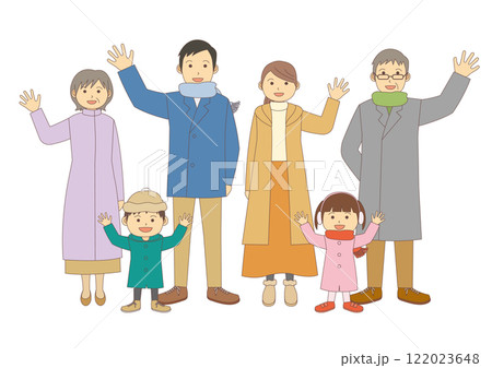 手を振る冬服の6人の家族のイメージイラスト_主線あり 手を振る冬服の6人の家族のイメージイラスト_主線あり 122023648