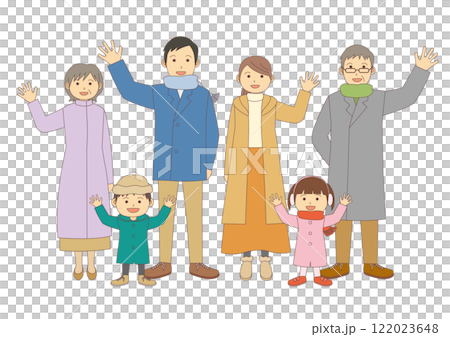 Illustration of a family of six in winter clothes waving hands_with main lines 122023648