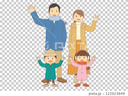 Illustration of a family of four in winter clothes waving hands_with main lines 122023649
