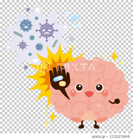 ウイルスを薬剤で治療して元気になる脳のキャラクターイラスト 122023848