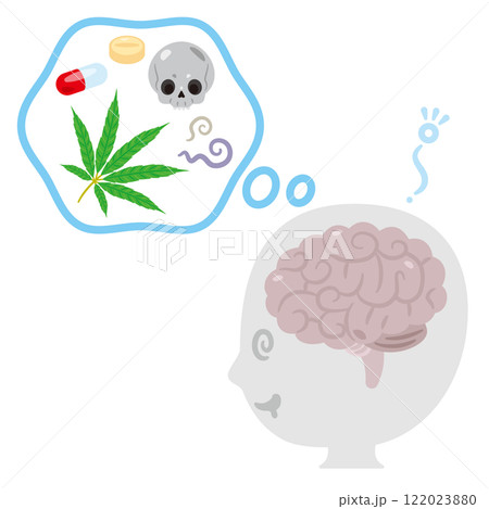 薬物中毒になる脳とシンプルな人物の横顔イラスト 122023880