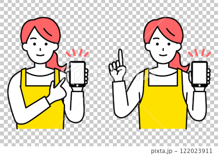 スマートフォンの画面を見せて説明するエプロン姿の女性 セット スマートフォンの画面を見せて説明するエプロン姿の女性 セット 122023911