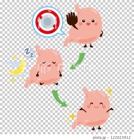 断食をしてデトックスする胃のキャラクター 122023912