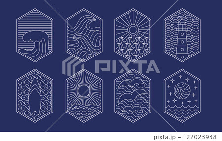 Retro line surfing, ocean, sea vibe badge, icon, design. Simple abstract geometric surf camp, resort vector template, design. 122023938