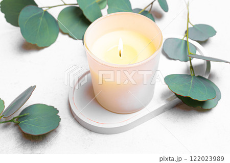 Burning candle and green eucaliptus leaves 122023989