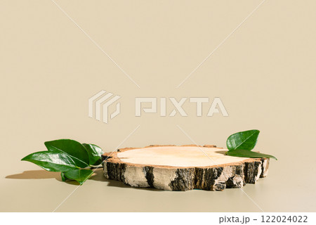 Wood podium with green leaves Wood podium with green leaves 122024022