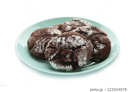 Dark Chocolate chip cookies on plate isolated on white background. Delicious Cookie Macro 122024078