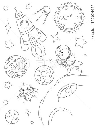 Coloring page with parrot astronaut and aliens 122024455