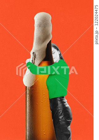 Woman wearing green long-sleeve sweater embracing giant beer bottle with foam dripping down against bold orange background. Creative art collage Woman wearing green long-sleeve sweater embracing giant beer bottle with foam dripping down against bold orange background. Creative art collage 122024475