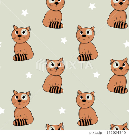 Seamless pattern with cute kitten print. Different cats on color background. Doodle style illustration for kids. Vector illustration for fabric, textile, wallpaper, home clothing, pajama 122024540