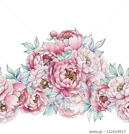Vibrant pink and cream peonies mix with soft green leaves, creating an elegant floral display that brightens any space seamless pattern, ornament 122024617