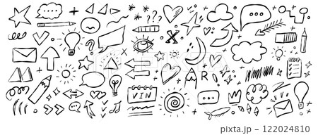 Creative doodles with various shapes, symbols, and icons on a white background showcasing artistic expression and imagination 122024810