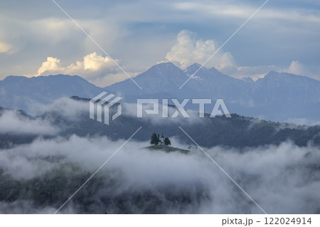 Landscape with St. Thomas Church (Cerkev Sveti Tomaz) near Skofja Loka, Slovenia 122024914