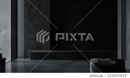 Black room with a bench and a pillow. The room is empty and has a minimalist feel Black room with a bench and a pillow. The room is empty and has a minimalist feel 122025014