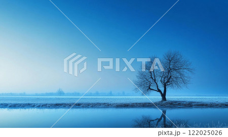 Tree stands alone in a field of snow. The sky is a deep blue color. The scene is peaceful and serene 122025026