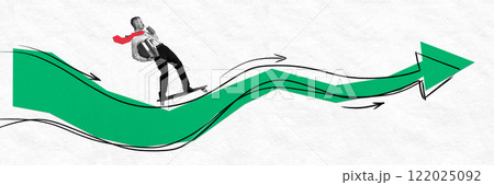 Abstract art collage. Man on skateboard riding green arrow, holding office folders, red tie flowing, symbolizing progress, agility, or efficiency. 122025092