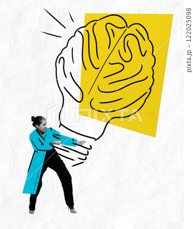 Abstract art design. Woman in blue coat holding brain-shaped lightbulb, symbolizing intellectual power or problem-solving. Abstract art design. Woman in blue coat holding brain-shaped lightbulb, symbolizing intellectual power or problem-solving. 122025098