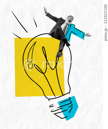 Abstract art design. Man in suit sitting on giant yellow lightbulb, expressive gesture, representing ideas or innovation with abstract shapes 122025100