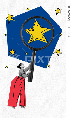 Abstract art design. Woman in red trousers observing yellow star through magnifying glass, surrounded by blue and yellow graphics, suggesting focus on excellence or goals. Abstract art design. Woman in red trousers observing yellow star through magnifying glass, surrounded by blue and yellow graphics, suggesting focus on excellence or goals. 122025101