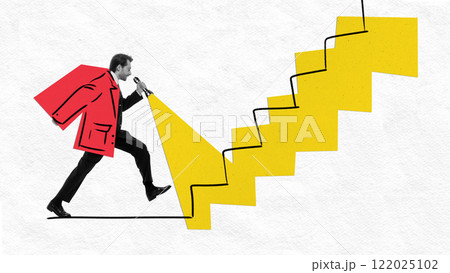 Abstract art design. Man in red jacket holding flashlight, walking toward ascending yellow stairs, symbolizing discovery or advancement. Abstract art design. Man in red jacket holding flashlight, walking toward ascending yellow stairs, symbolizing discovery or advancement. 122025102